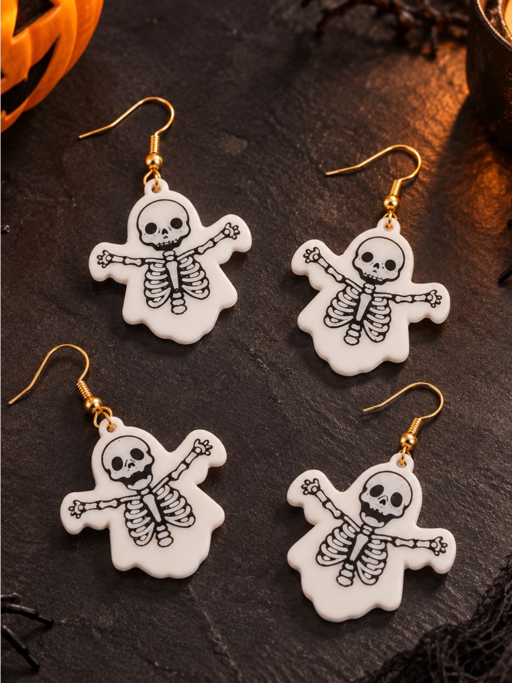 Halloween Ghost Skeleton Drop Earrings โ White